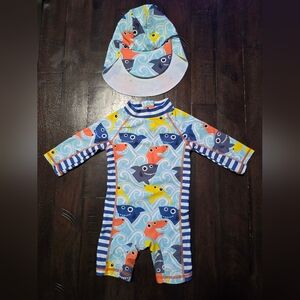 Kids One Piece Swimsuit with Hat - Blue and Orange